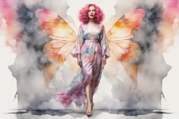 A beautiful woman with knee-length curly pink hair, wearing a butterfly-sleeved ankle-length tie-dye kaftan and silver high-heeled sandals, double exposure, merged layers, watercolor and black ink outlines, soft, shading strokes, cracked marble holographic background, the cracks are golden S<AI in sunshine