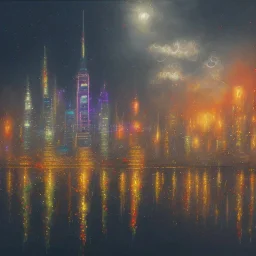 Painting of Skyscrapers. City at night. Big umbrellas. Umbrellas casting shade. From the sky umbrella fall. Umbrellas falling from sky. Open umbrellas. Umbrellas in air. in background Fire as rain. Fire surrounds city. Fireballs falling. Flames in horizon. Clouds that look like fire. Rain that looks like fire.