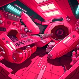 Cartoon futuristic dark red, red, pink, and white spaceship Interior Engine room