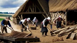 young and old people working in the field near medieval barns