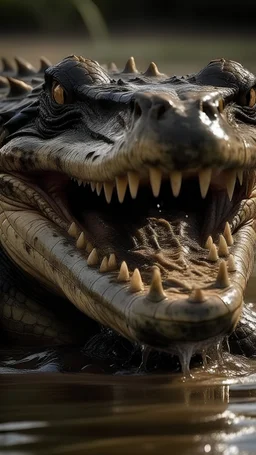 On the muddy banks of a river, a saltwater crocodile emerges from the water, its massive jaw opening wide. In a split second, its bite crushes a metal trap set by humans, showcasing the unparalleled strength and menace of this apex predator