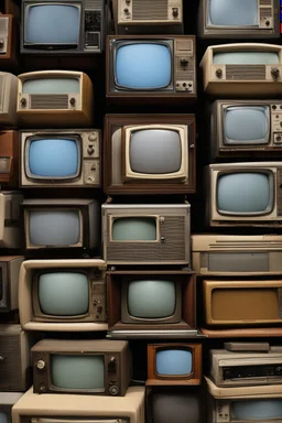 A stack of old tv sets tuned to a static channel