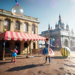 Ultra realistic circus scene. Child’s playing, smile, happy, color bubbles, smooth color, waist up view, Wes Anderson style, a lot of people background, highly detailed, concept art, unreal engine 5, god rays, ray tracing, RTX, lumen lighting, ultra detail, volumetric lighting, 3d, finely drawn, high definition, high resolution.