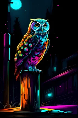 Spotted owl on post, Speedpainting, line art, inkpunk, dramatic colors, neon-light,