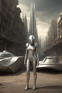 a photorealistic sleek, long, silver spaceship sitting in the street of a dystopian futuristic ruined alien city, with a woman in a silver suit, standing in front