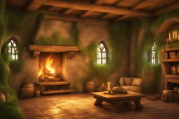 fantasy medieval room with fireplace and greenery