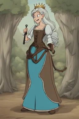 [Disenchantment, Bean] Queen Bean's royal attire was as unconventional as her personality. She wore a cyan tunic with white sleeves, brown leggings, and tied dark brown boots. A brown leather corset-like bodice cinched her figure, emphasizing her readiness for action. The belt, with a silver buckle, held a variety of pouches and tools, a testament to her readiness for any escapade that might come her way. Her freckled face bore a playful smirk, and her buck teeth and overbite lent her an endea