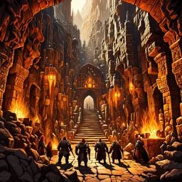 A majestic fantasy scene depicting sturdy Dwarves from the Dragon Age universe, set amidst a richly detailed, labyrinthine underground city, with intricately carved stone walls, glittering gemstone veins, and flickering torches casting warm, golden light. The Dwarves, with their characteristic proud, stout physiques, wear ornate, battle-worn armor adorned with bold, geometric patterns, and wield mighty axes, hammers, and swords. Their rugged, weathered skin has a warm, earthy tone, with hints of