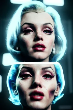 Ultra Realistic image, portrait, blonde woman, sweet Marylin Monroe face, perfect iris, glow eyes, makeup. Cyberpunk style, oversized transparent latex coat, yakuza tattoos. fog, rain, soft color, highly detailed, unreal engine 5, ray tracing, RTX, lumen lighting, ultra detail, volumetric lighting, 3d, finely drawn, high definition, high resolution.