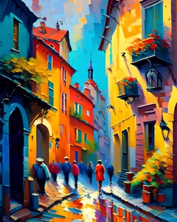 A vibrant, impressionist painting of a quaint, cobblestone street lined with colorful buildings, bustling with people and life, using loose brushstrokes and a lively color palette to convey the energy and charm of the scene.