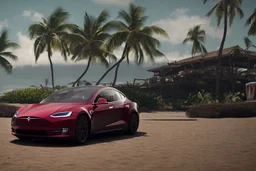 A Tesla 'Model 3' is parked, at the beach of Waikiki in Hawaii. CINEMATIC. WIDE ANGLE LENS. PHOTO REAL.