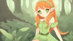 Cute Elf with orange hair and glowing green eyes She wears a light green dress