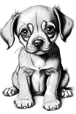 a puppy with big eyes sitting down, extremely low detailed drawing , computer art, stipple, outlined art, white backgroundpage size 9"x11"