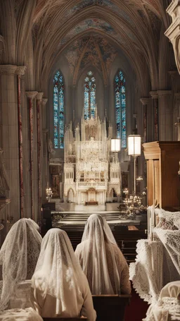 girl alone wearing lace veil with blood on it praying in church.cinematic.