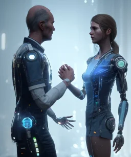 detroit become human, man, young women AI looking at each other, real Handshake with both hands, good detailed hands, sci-fi fantasy style, volumetric lighting, particales,highly detailed,cinamatic, deep colours,8k.