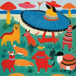 [art by David Hockney] Ah, "Animals in Sombreros"! A phrase that conjures whimsical images and playful absurdity. In the realm of fantastical tales and creative musings, "Animals in Sombreros" could symbolize a delightful blend of the unexpected and the charming. Imagine a world where animals of all kinds, from mischievous monkeys to elegant flamingos, don stylish sombreros atop their heads, adding a touch of flair and character to their already intriguing personalities.
