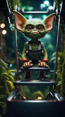 close up portrait of a gremlin mode a bucket ski lift in dark lit reflective wet jungle metallic hall dome hotel tunnel, in the style of a game,bokeh like f/0.8, tilt-shift lens 8k, high detail, smooth render, down-light, unreal engine, prize winning