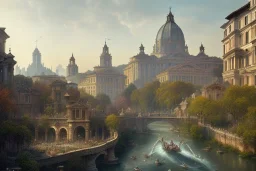 Tevere+river+Bar on garden rooftops +Rome mixed new york +Skyscraper +steampunk+biopunk+alphonse mucha, greg rutkowski,matte painting, cryengine, hyper detailed, felix kelly, fantasy art, seb mckinnon