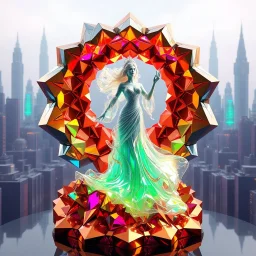 very complex structure ,pretty viberating color environment 3d metalic and crystal recursive animating beveled geometric base very complex structure future world evolving background and goddess of love in a pretty cleric dress comes out dancing gracefully , viberating color moving very in modern city escap environment while camera tracking it.