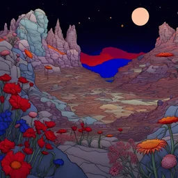 Colourful, scifi, night sky filled with galaxies and stars, Egon Schiele, Max Ernst, rock formations, flowers, one-line drawing, sharp focus, 8k, deep 3d field, intricate, ornate