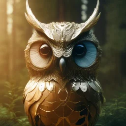 realistic, octane portrait, natural lighting,full body glint gold metal,insanely,elegant, bokeh, volumetric lighting, extreme detail, Photorealism, High detail, Hyper realistic Owl in forest, macro lens blur,cinematic, cinema4d, HDR, 8k, unreal engine 5