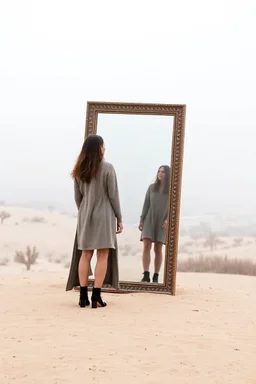 a woman standing in front of a mirror with reflection of her in a big city in the mirror, in the middle of the desert in foggy sky