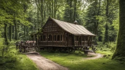 group of Large Gothic Two-story, wooden gipsy caravan on a pathway in a woodland clearing