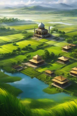 Beautiful Digital Painting art Landscape villages islamic Mosque,surrounded rice paddy fields