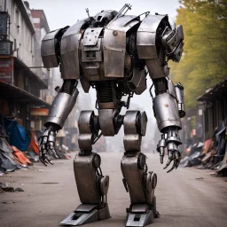 trash mech suit, human-sized, made of scrap metal, small,