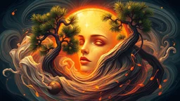 Mythpunk-style icon featuring a warm-hued face emerging from swirling water, pines twisted in whimsical forms, strands of ethereal music notes draped like phantasy garb, digital painting, vibrant palette, intricate patterns, high fantasy elements, octane rendering