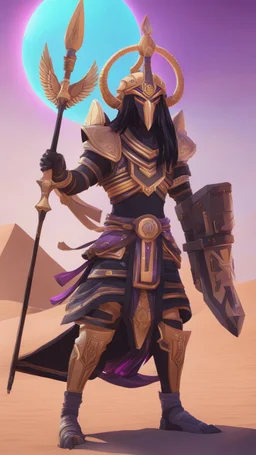 A close picture to Ramattra nemesis form egypt them in overwatch art style with black color and neon purple details in Desert