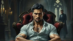 An epic dark fantasy oil painting of a handsome muscular nobleman seated in a luxurious Victorian armchair inside an ancient Gothic castle. Around 35 years old, with dark shoulder-length hair, a strong jawline, subtle beard, and piercing eyes locked directly on the viewer. His white shirt hangs partially open , in the background in victorian dress a vampire voman' blur shadow stands, deep colors, detalied, mystic, stunning