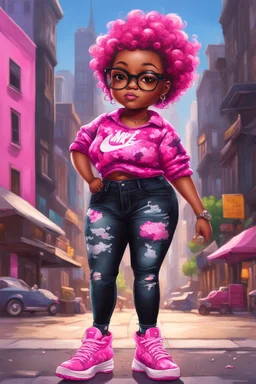 create an oil painting illustration of a chibi cartoon voluptuous black female. Wearing a tye dye blouse and tight black jeans with hot pink Nike sneakers. Prominent make up with hazel eyes and she is wearing pink glasses. Extremely Highly detail of a very low platinum shiny black pixie haircut. Background of a busy city street. 2k