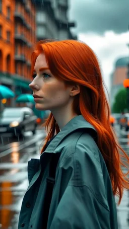 beautiful girl with red hair walking far away from music city and dreaming of a rainy world
