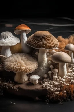 Various mushrooms with spore print and mycelium as background