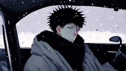 Megumi Fushiguro | Jujutsu Kaisen a guy with disheveled black hair an anime character is sitting in a car wearing a scarf. It's snowing outside and it's nighttime. Everything is pale and dreary