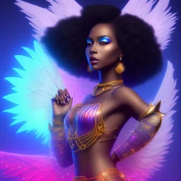 full body shot, masterpiece, best quality, black skinned, sparkling eyes, long hair, gorgeous African Fairy queen,wings,fluorescent skin,light blue makeup,synthwave, light indigo, trasparent , irridescent, highly detailed body, sun light, 4K, RAW, depth of field, high contrast, realistic details, 24mm vaporwave aesthetic, synthwave, artstation, concept art, smooth, extremely sharp detail, finely tuned detail, ultra high definition, 8 k, unreal engine 5, ultra sharp focus