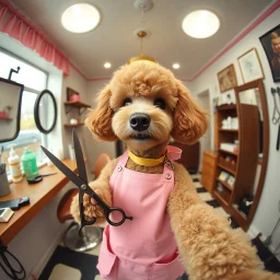 photograph by a GoPro hero 11, POV, anthropomorphic poodle hairdresser in a pink hairdresser's apron holding scissors in a quaint small salon,