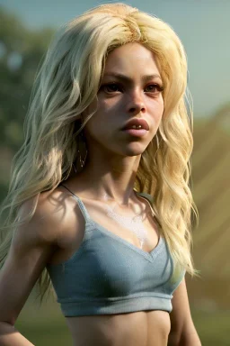 Shakira, artist, 30 years old, Realistic image, waist up portrait, blonde, loose long hair, eyes make up, perfect, glow, circle iris. concept art, smooth, unreal engine 5, god lights, ray tracing, RTX, lumen lighting, ultra detail, volumetric lighting, 3d, finely drawn, high definition, 4k.