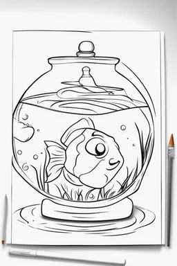 blank colouring book, white blank background, simple picture for toddlers, fish in a glass bowl, disney and pixar style