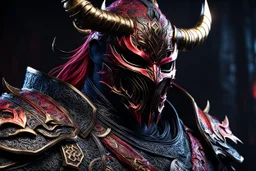 Carnage oni in 8k dark souls artstyle, ronin costum, galaxy mask, cover face, dynamic pose, oshare kei, hurufiyya, rtx , neon lights, intricate details, highly detailed, high details, detailed portrait, masterpiece,ultra detailed, ultra quality