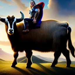 Ultra detailed fullbody Portrait in oil on canvas of Thor with asgardian armor riding a Giant Goat,extremely detailed digital painting, extremely detailed face,crystal clear eyes, mystical colors ,perfectly centered image, perfect composition, rim light, beautiful lighting,masterpiece,8k, stunning scene, raytracing, anatomically correct, in the style of robert e howard and Wizyakuza and Ohrai Noriyoshi and Simon Bisley and uncannyknack