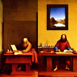 leonardo da vinci works in his study on a laptop at his desk. painting in photoshop. hyperdetailed, warm colors, movie poster, photoillustration, oil on canvas, lens flare