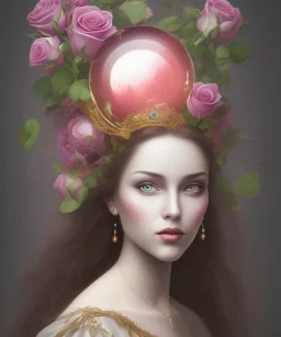 portrait borders Princess with big bobs long hairs black eyes no top inside sphere with roses