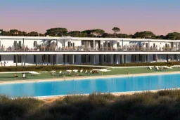 Sunset algarve in quinta do lago, a futuristic straight line luxury villa apartments with 250 meters long and a pool, overhang straight line terraces with black metallic beams and wood pergolas, with a separate clubhouse building facility with green roofs, overlooking the campus sport facility and inserted in the Ria Formosa Natural park, on a slope with pinus pinea, a wrap around low speed veicular road