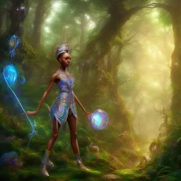 blue ridge mountains environment, fairy novel character, portrait, vibrant colors in the style of athletic african princess, colorful volumetric reflective lighting effects, beautiful spirit ultra detailed, Intricate concept character design is walking through the dark forest woods