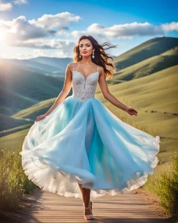 full-body closeup shot of a young, beautiful girl with a perfect face and makeup,wearing pretty dance dress standing in a stage in open air nice hills , blue sky ,pretty clouds at distant