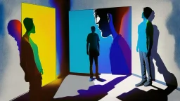 shadow made of different colors of a person talking to himself in the mirror