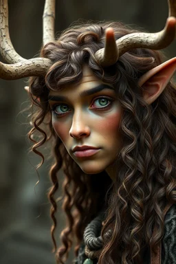 A fantasy druid with antlers, olive toned skin, long brown curly hair, green eyes, Quirky face, Photorealistic style