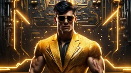 Hyper Realistic handsome muscular Electric-Superhero with short-black-hair wearing long-fancy-yellow-tuxedo-with-golden-circuit-patterns & fancy-sunglasses in a dark-rustic-circuit-room with electric-sparks-&-rays & a massive circuit-board-wall with-glowing-embers showing dramatic & cinematic ambiance.